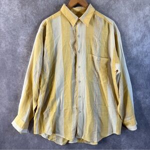 Vintage Goouch Silk Linen Button Shirt Men Large Yellow White Stripe Long Sleeve